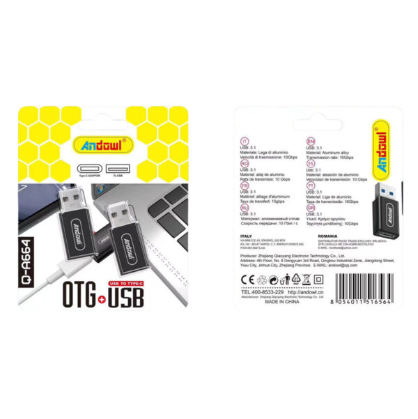 Andowl Μετατροπέας Αντάπτορας Type-C σε USB Q-A664 - OTG+USB Converter