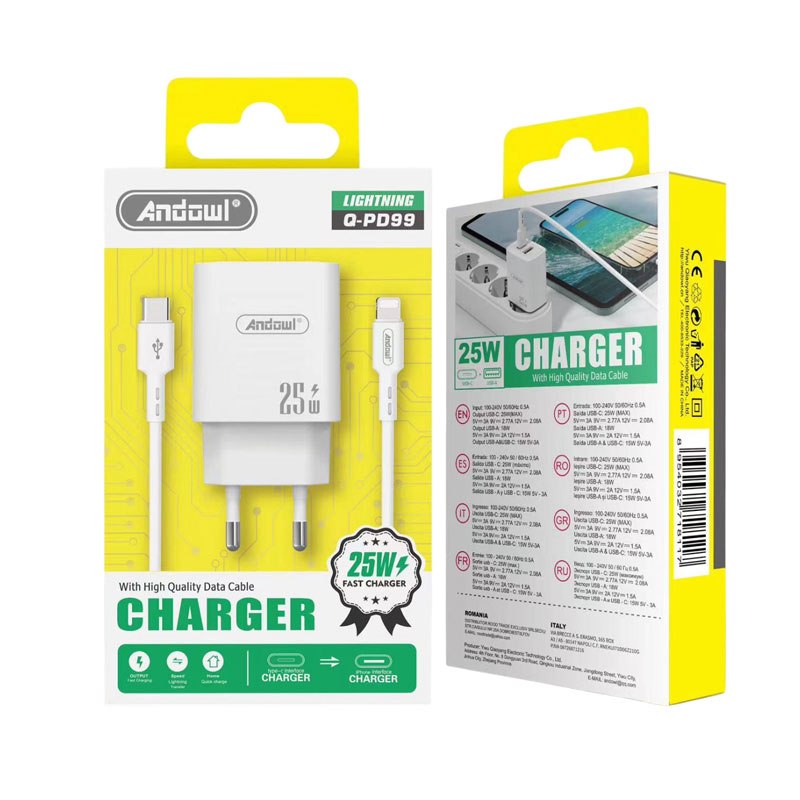 075789 Andowl Φορτιστής με καλώδιο Type-C σε Lightning & θύρα USB-A 25W Q-PD99 - Charger - Image 1