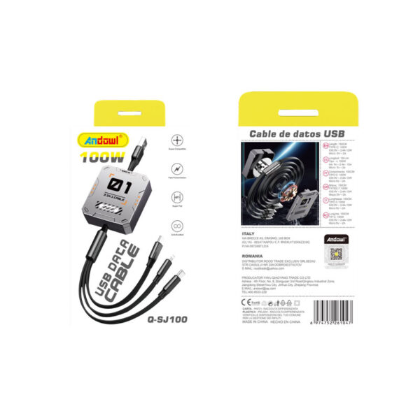 Andowl Kαλώδιο 3 σε 1 Type-C, Lightning & Micro 100W Q-SJ100 - USB Data Cable