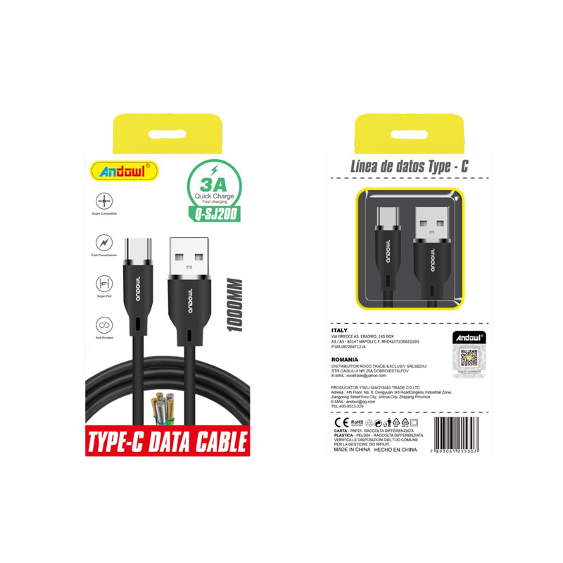 075798 Andowl Καλώδιο Δεδομένων USB σε Type-C 1m 3A Q-SJ200- Data Cable - Image 1