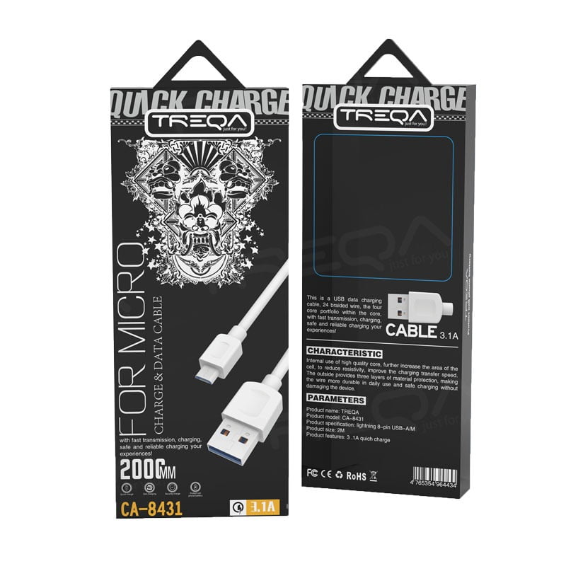 4300090 Treqa Καλώδιο γρήγορης φόρτισης Micro 2m CA-8431- Fast Charger Cable - Image 1