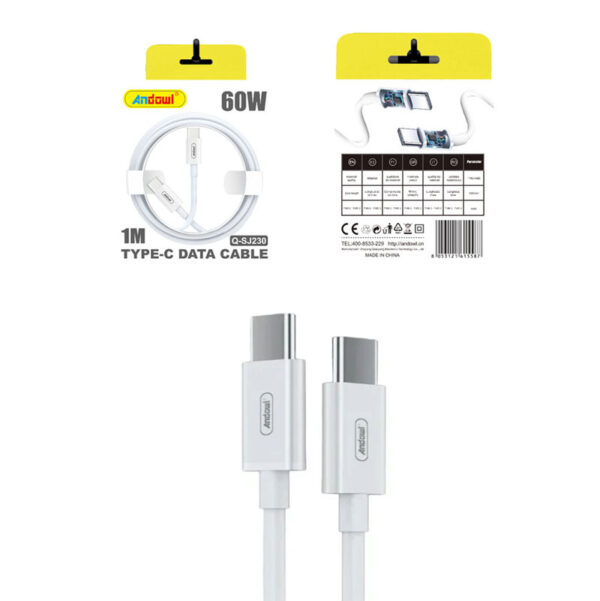 Andowl Q-SJ230 Καλώδιο γρήγορης φόρτισης TypeC 60W PD 1m Λευκό - Data Cable