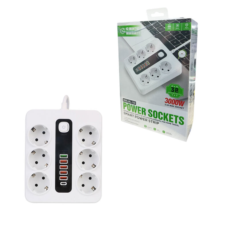 0207012-2 Πολύμπριζο 6 Θέσεων, 5USB και 1Type-C με διακόπτη 2m καλώδιο 3000W BKL-11EU- Power Socket - Image 1