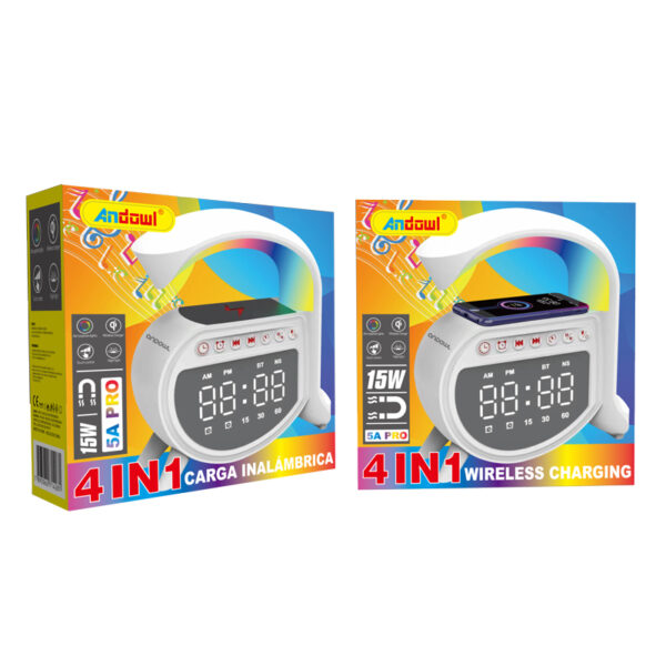 Andowl Ηχείο 4 σε 1 με Bluetooth, ασύρματο φορτιστή, ξυπνητήρι & ρολόι 15W 5A Pro - Wireless Charging Speaker