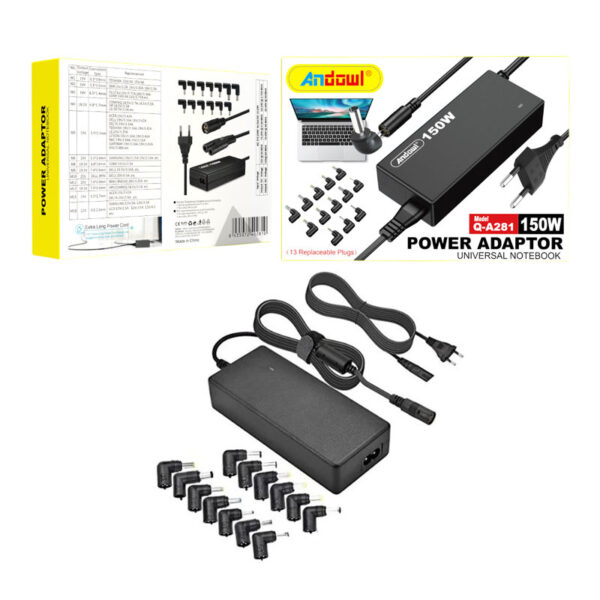 Andowl Q-A281 Universal Τροφοδοτικό 150W με Σετ 13 Εναλλασσόμενων Βυσμάτων - Universal laptop adaptor