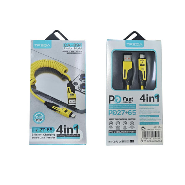 Treqa Καλώδιο Δεδομένων 4 σε 1 1500mm με Ελατήριο CA-894 – Super Flash Charge