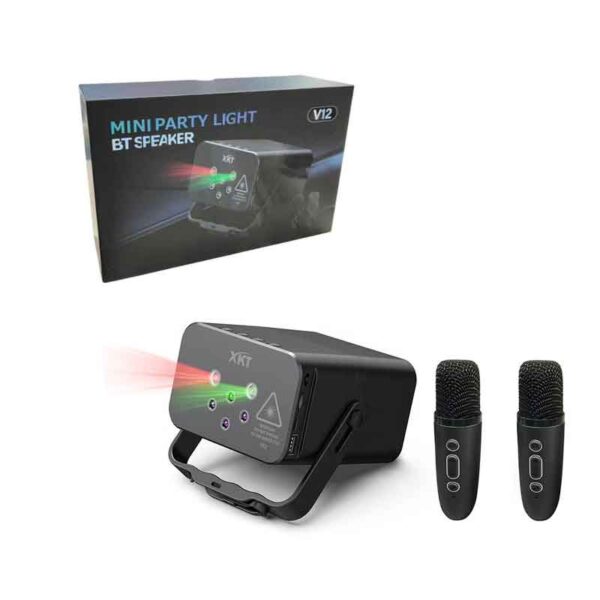 Φορητό Ηχείο με Φώτα Πάρτι & Bluetooth + 2 Ασύρματα Μικρόφωνα – Mini Party Light BT Speaker V12